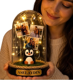 Kişiye Özel Yazılı ve 3 Fotoğraflı Led Işıklı Penguen Biblolu Fanus