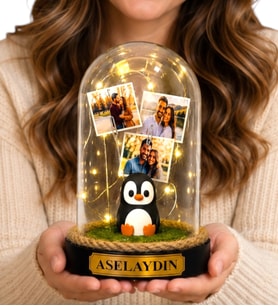 Kişiye Özel Yazılı ve 3 Fotoğraflı Led Işıklı Penguen Biblolu Fanus