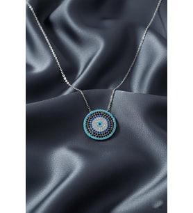 Nazar Kolye Yuvarlak Gümüş 925 Ayar Zirkon  Taşlı  Zincir (Silver)