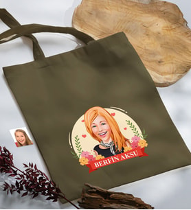 BK Gift Kişiye Özel Anneler Günü Karikatürlü Haki Kumaş Bez Çanta, Baskılı Omuz Çantası, Alışveriş Çantası, Anneye Hediye-6