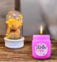 Led Işıklı Tasarım Fanus ve Mis Kokulu Pembe Cam Mum Hediye Seti (Model 4)