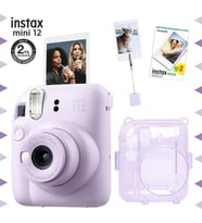 Instax mini 12 Lila Fotoğraf Makinesi-20'li Film-Kıskaçlı Resim Standı ve Simli Pleksi Kılıf Seti