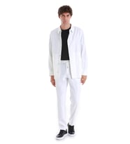 Beyaz Regular Fit Düz Mono Yaka Keten Overshirt Spor Takım