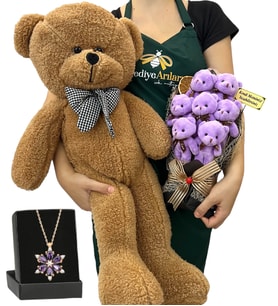 Kişiye Özel Hediye Seti - Ametist Taşlı Lotus Kolye, 7'li Ayıcık Buketi ve Kahve Peluş Ayıcık (Model 3)