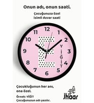 İsme Özel E Harfli Pembe Çocuk Odası Duvar Saati Orta Boy 30 cm Siyah Camlı Sessiz