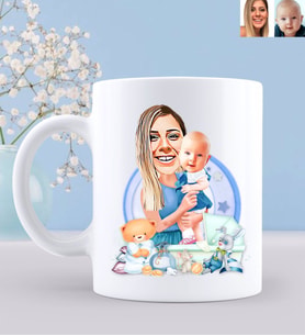 BK Gift Kişiye Özel Anne ve Erkek Bebek Karikatürlü Beyaz Kupa Bardak-1
