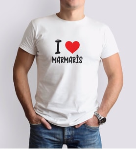 BK Gift I Love Marmaris Tasarımlı Erkek Yuvarlak Yaka Tişört-1 (Beyaz)