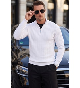 DeepSEA Erkek Slim Fit Tüylenmeyen Füme Çizgi Dokulu Triko Kazak – Fermuarlı Dik Yaka Esnek 2708504
