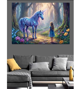Büyülü Ormanda Unicorn Ve Kız Dekoratif Kanvas - Mdf Ahşap Tablo