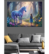 Büyülü Ormanda Unicorn Ve Kız Dekoratif Kanvas - Mdf Ahşap Tablo