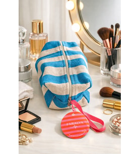 FaralyaLife Çizgili Fermuarlı Taşıma Kulplu Makyaj Çantası 20x20 cm %70 Pamuk %30 Polyester Kozmetik Kadın Makyaj Çantası