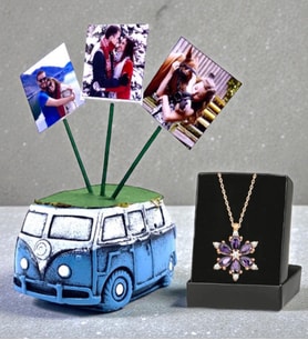 Kişiye Özel Hediye Seti Gerçek Ametist Taşlı Lotus Kolye ve 3 Fotoğraflı Vosvos Saksı Hediye Seti (Model 2)