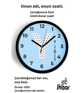İsme Özel Y Harfi Çocuk Odası Duvar Saati Orta Boy 30 cm Siyah Camlı Sessiz