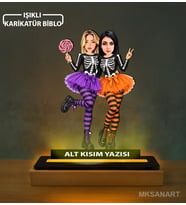 Kişiye Özel Arkadaş Mor Turuncu Tutulu Karikatürlü 14 cm MDF Işıklı Biblo - Arkadaşa Hediye Arkadaşa Doğum Günü Hediyesi