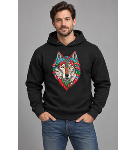 Renkli Motifli Kurt Baskılı Siyah Kapüşonlu Cepsiz Sweatshirt
