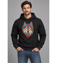 Renkli Motifli Kurt Baskılı Siyah Kapüşonlu Cepsiz Sweatshirt