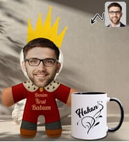 BK Gift Kişiye Özel Fotoğraflı Kral Babam Tasarımlı Bebek Yastık-1 & Siyah Kupa Bardak Hediye Seti-2, Babalar Günü Hediye, Babaya Hediye