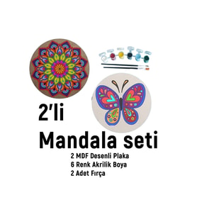 2'li Mandala Boyama Seti- Okul-aile Etkinliği-2 Ham Mdf Plaka, 6 Renk Boya,2 Fırça Model-22