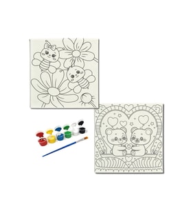 Okul Etkinliği-2'li Tuval Boyama Seti. 20x20 Cm Uv Baskı 6 Akrilik Boya 1 Fırça-model-200