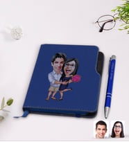 BK Gift Kişiye Özel Sevgililer Karikatürlü Lacivert Termo Deri Defter Kalem Seti-108