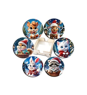 BİLGE tasarım Noel Yılbaşı Ahşap Bardak Altlığı - 6 lı set Set AHŞAP ÖZEL TASARIM KUTULU
