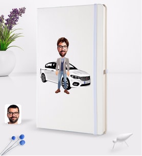 BK Gift Kişiye Özel Plakalı Erkek Fiat Egea Karikatürlü Beyaz Termo Deri Defter 16x24cm Model 1