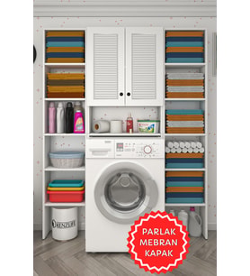 Kenzlife membran çamaşır makinesi dolabı veronikamaksduble byzbyz panjur 180*126*20 mebran kapak suntalam gövde arkalıksız raflı (Beyaz-Gri)