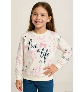 Breeze Kız Çocuk Sweatshirt Fiyonk & Kalp Baskılı 3-8 Yaş, Ekru
