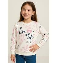 Breeze Kız Çocuk Sweatshirt Fiyonk & Kalp Baskılı 3-8 Yaş, Ekru