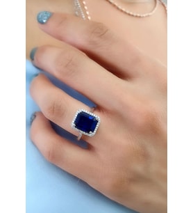 Sky Diamond Blue Creative Sapphire 925ayar Gümüş Üzerine Beyaz Altın Kaplama Baget Tek Taş Yüzük
