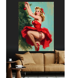 Kırmızı Elbiseli Pin-Up Kız Dekoratif Kanvas - Mdf Ahşap Tablo