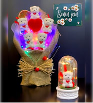 Renkli Led Işıklı Ayıcık Buketi ve Led Işıklı Beyaz Ayıcıklı Fanus  Hediye Seti