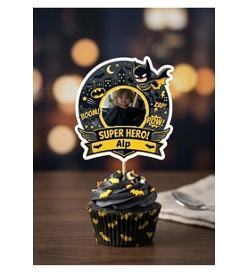 Kişiye Özel Yarasa Kahraman Temalı 6 Adet Cupcake Süsü 8 cm  İsimli Fotoğraflı Doğum Günü