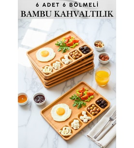 6 Adet 6 Bölmeli %100 Natural Doğal Bambu Kahvaltılık / Servis Seti