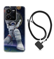 Vivo Y35 Kılıf Silikon Boyun Askılı İpli Desenli Silikon Astronot ve Dünya 1759