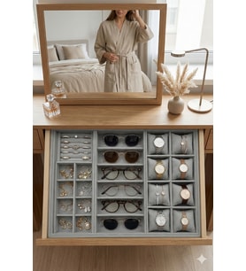XLarge Gri Kadife Takı Organizer Tablası, Saat, Gözlük, Yüzük ve Küpe için