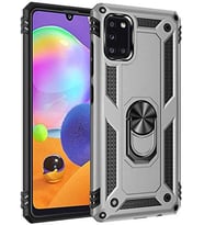 Samsung Galaxy A31 Uyumlu Tank Kılıf Yüzüklü Standlı Yüksek Koruma (Gümüş Gri)
