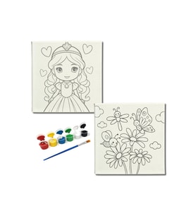 Okul Etkinliği-2'li Tuval Boyama Seti. 20x20 Cm Uv Baskı 6 Akrilik Boya 1 Fırça-model-335