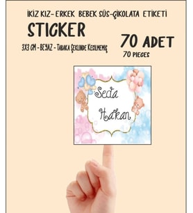 İkiz Erkek Kız Bebek Çikolata ve Süs Etiketi 70 Adet Yapışkanlı