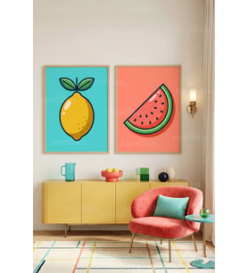 Canlı Meyve Temalı Pop Art 2'li Ahşap Çerçeveli Tablo Seti