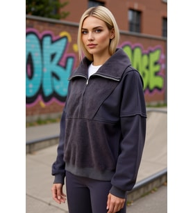Kadın Dik Yaka Düşük Kol Fermuarlı Polar Sweatshirt Fonksiyonel Dayanıklı Kaliteli Estetik