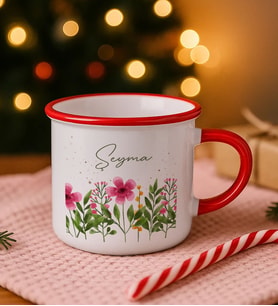 BK Gift Kişiye Özel Çiçek Tasarımlı Kırmızı Emaye Kupa Bardak -6, Arkadaşa Hediye, Sevgiliye Hediye