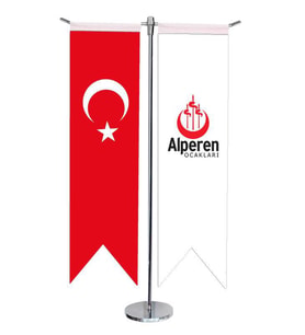 Masa Üstü Kırlangıç Alperen Ocakları + Türk Bayrağı + Krom T Direk Masa Bayrak Seti