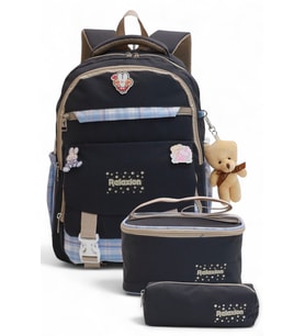 Relaxion 2144-1396 Kore Tarzı Unisex Çocuk Üçlü Set İlkokul Sırt Çantası (Siyah-Mor)