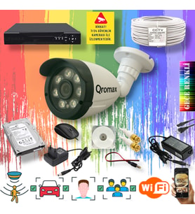 Qromax 1 Kameralı Set - Yapay Zeka Özellikli Gece Renkli Gösteren 8 Warm Ledli TurboHD Güvenlik Kamerası Seti 3908W-104