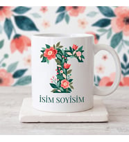 Kişiye Özel Baş Harf ve İsim Yazılı Çiçek Motiflili T Harfli Seramik Kupa Bardak