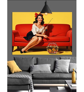 Eski Moda Kırmızı Koltuk Pin Up Kadın Dekoratif Kanvas - Mdf Ahşap Tablo