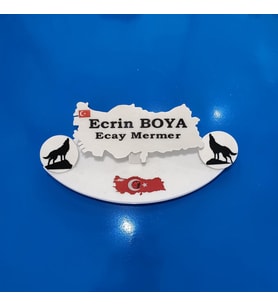 Doğal Beyaz Mermer İsimlik Haritalı Çift Kurt ve Önünde Türkiye Stickers