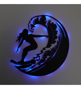 Lucenda Led Işıklı Sörf Yapan Kız Dekoratif Tablo Balkon Duvar Dekorlu Gece Lambası (Mavi)