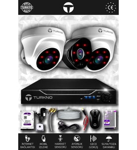 TURKNO 3 Kameralı Galia 2 İç Kamera Set 2 TB HDD Full HD Gece Görüşlü Güvenlik Kamerası Sistemi